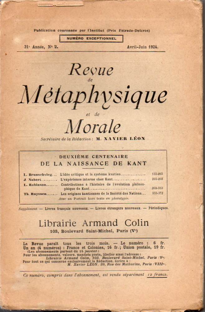 Revue de Métaphysique et de Morale – 31e. Année, Nº 2, Avril-Juin 1924